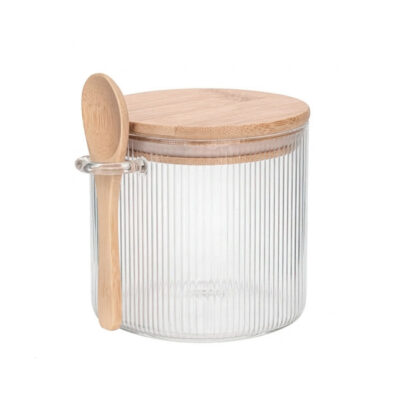 Frasco Vidrio Red. Rayado T/Bambu + Cuchara/ 0085