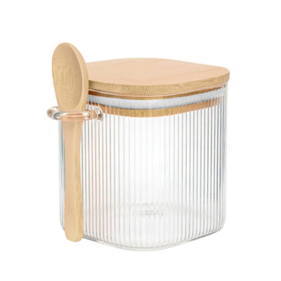 Frasco Vidrio Cuad. Rayado T/Bambu + Cuchara/0086